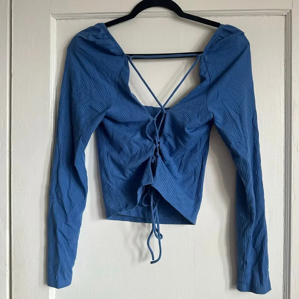 Reformation Chrissy Laced Back Knit Top Dusk Blue XL